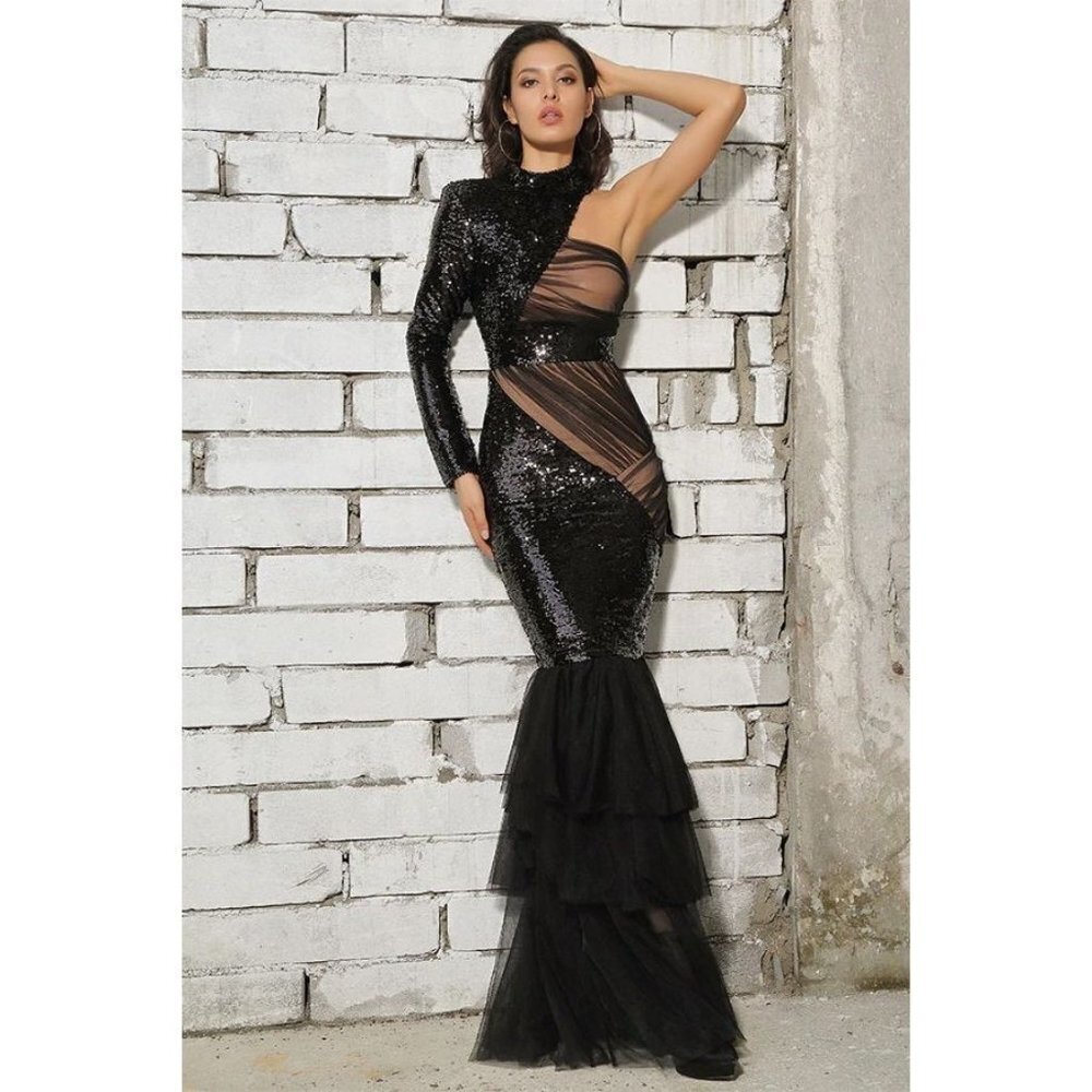 Black One-Shoulder Sequin Mesh Mermaid Dress